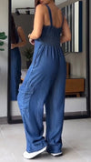 Thin Denim Cargo Pocket V-neck Jumpsuit