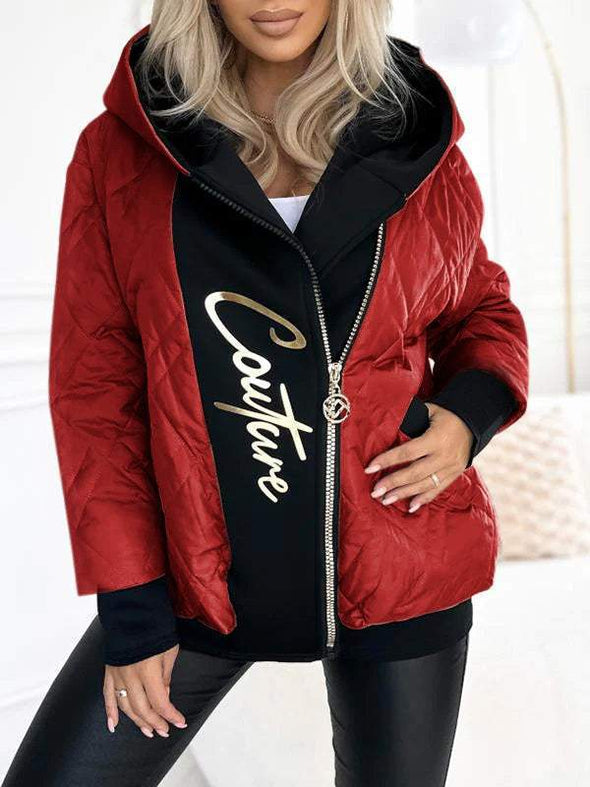 Women's Hooded Zipper Stitching Contrast Color Letter Print Casual Cotton Coat