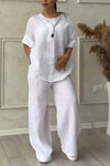 Casual button decorated cotton and linen two-piece set