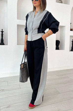 Women's Casual V-neck Single-breasted Contrast Color Two-piece Suit