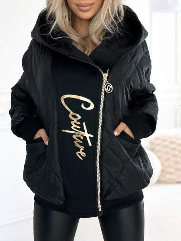 Women's Hooded Zipper Stitching Contrast Color Letter Print Casual Cotton Coat