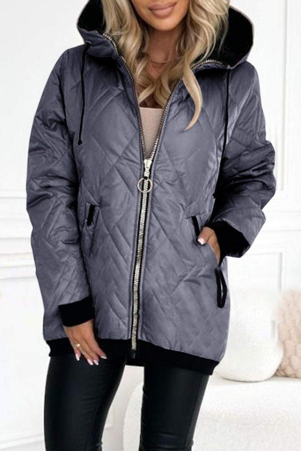 Women's Hooded Zipper Side Button Design Casual Coat