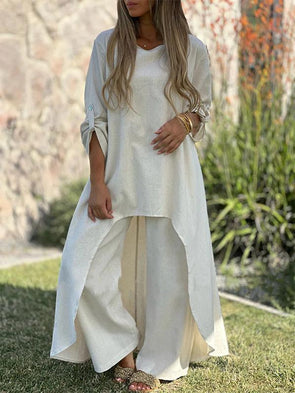 Cotton and Linen Irregular Long-sleeved Wide-leg Pants Two-piece Suit