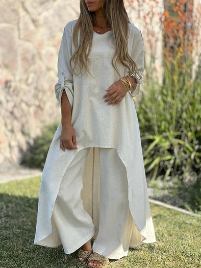 Cotton and Linen Irregular Long-sleeved Wide-leg Pants Two-piece Suit