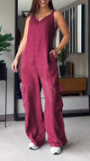 Thin Denim Cargo Pocket V-neck Jumpsuit