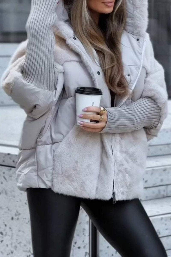 Women's Hooded Long-sleeved Fur Patchwork Winter Casual Coat