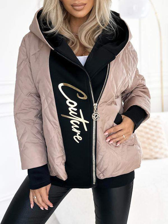 Women's Hooded Zipper Stitching Contrast Color Letter Print Casual Cotton Coat